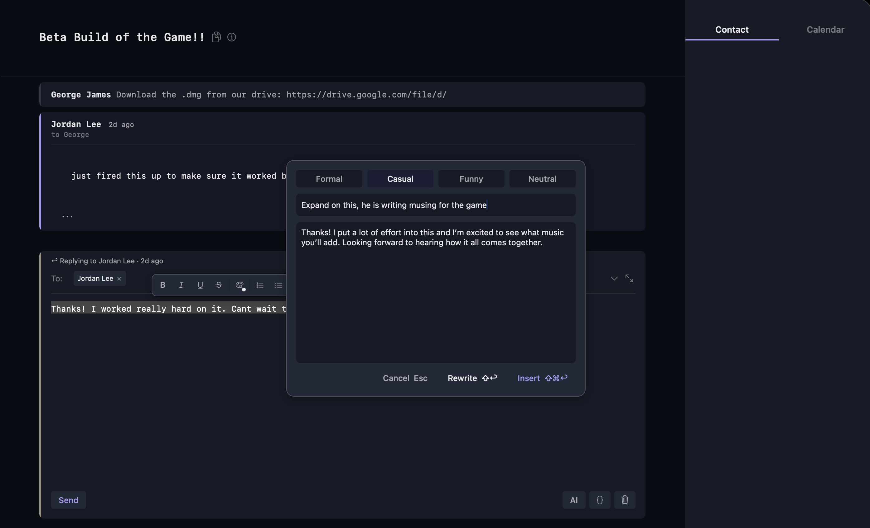 Hyperdrive AI rewrite panel with Formal, Casual, Funny, and Neutral tone selectors and generated draft