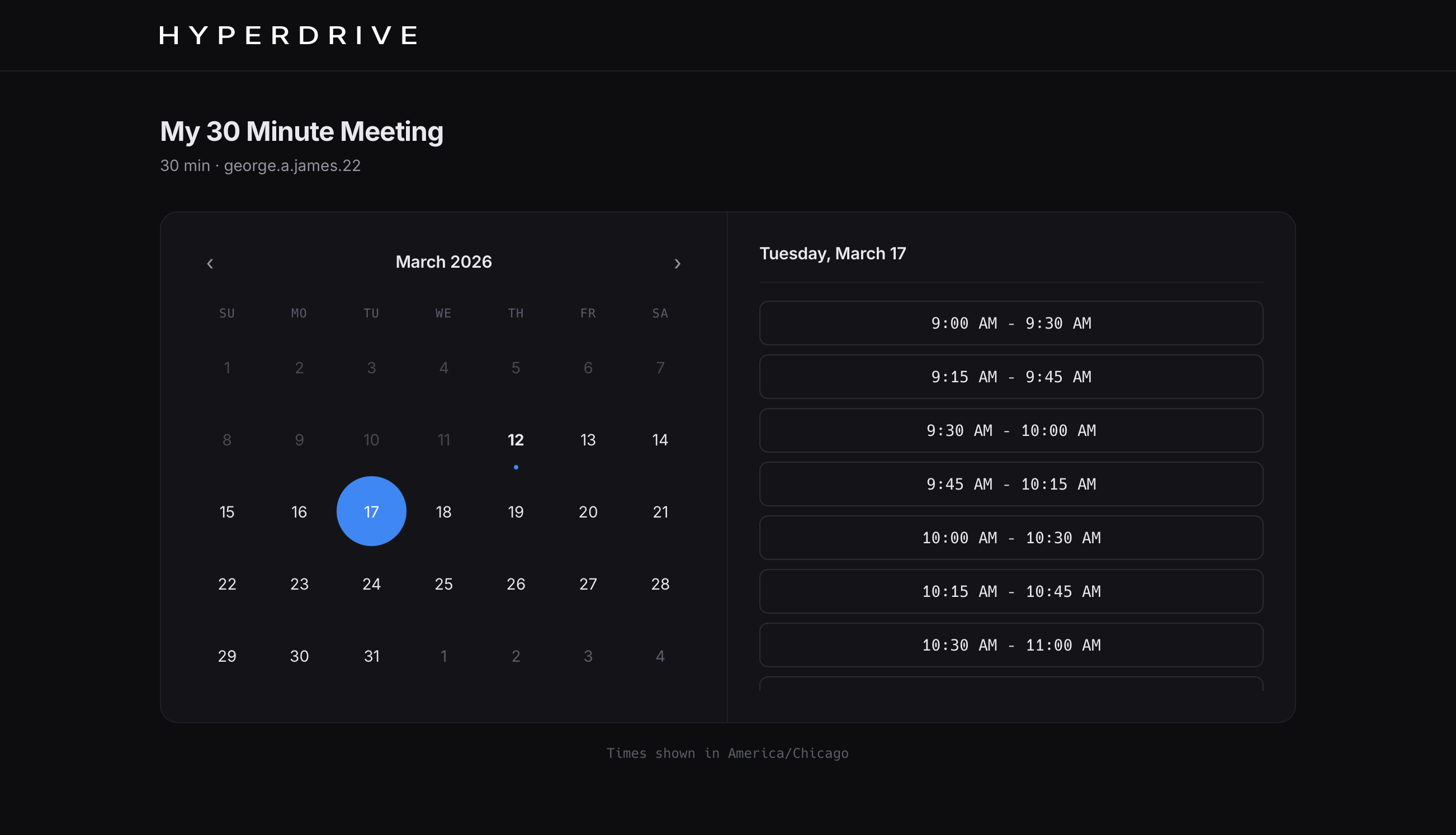 Hyperdrive scheduling link with calendar date picker and available time slots