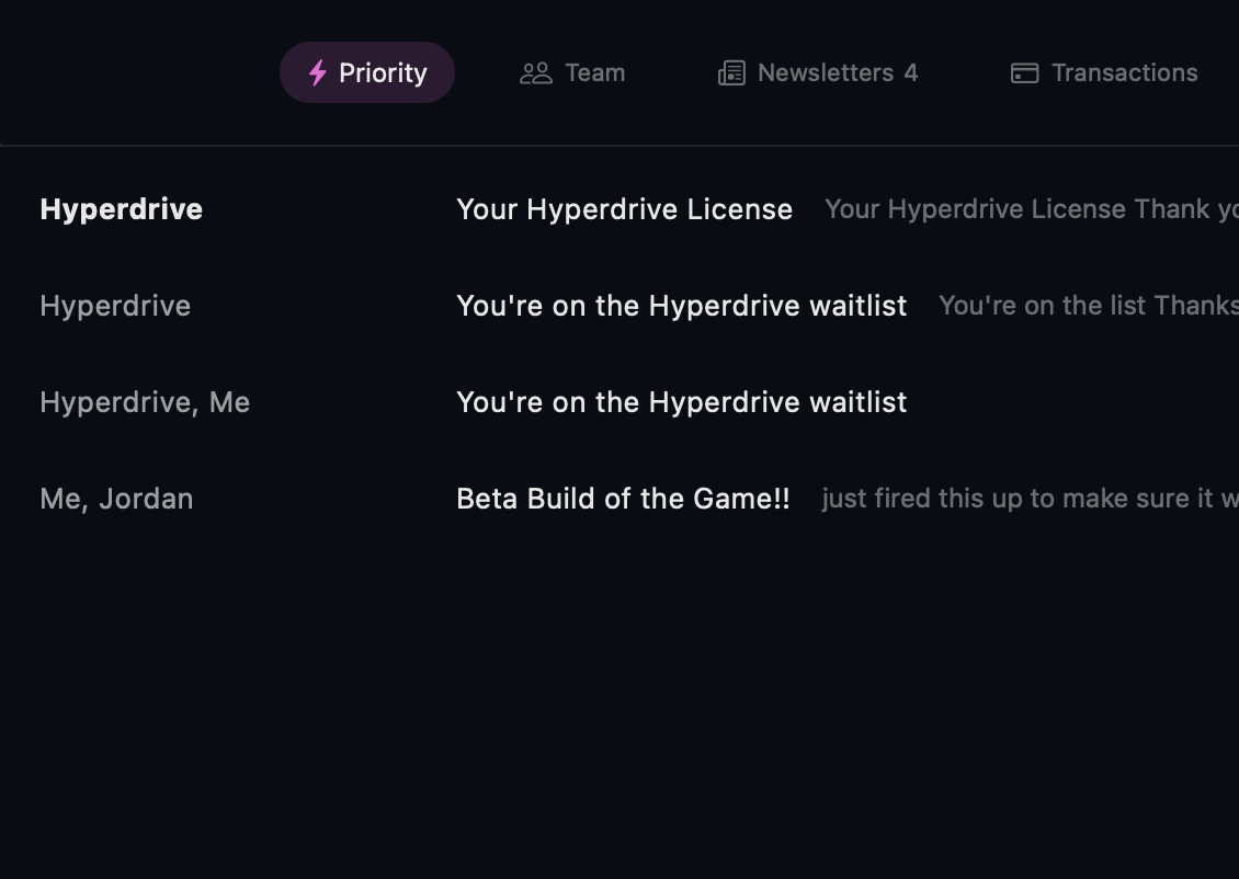 Hyperdrive inbox with Priority, Team, Newsletters, and Transactions vector tabs